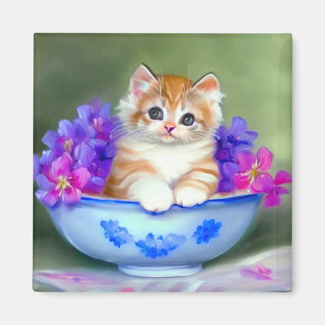 Íman Ilustração Vintage Laranja e White Kitten (Frente)