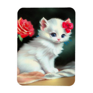 Íman Ilustração Vintage White Kitten com Flores Vermelh