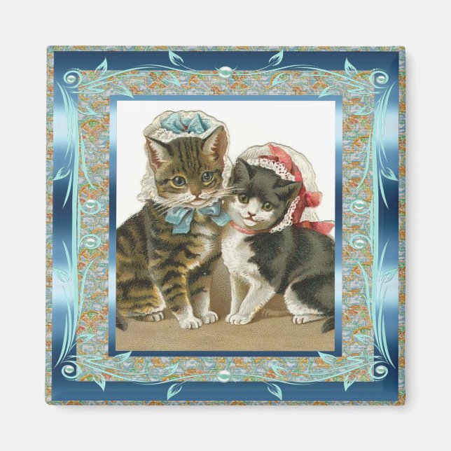 Íman Ímã Antigo Gatos Azul Teal Antigos (Frente)