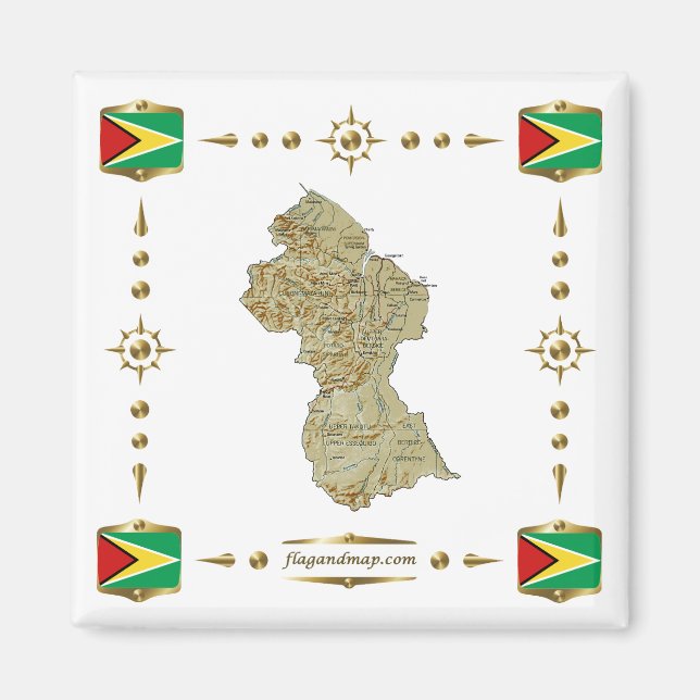 Íman Ímã com Mapa da Guiana + Bandeiras (Frente)