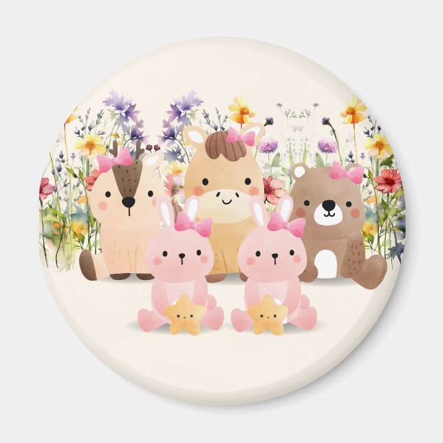 Íman Ímã de Animais Bebês e Campo de Flores Silvestres (Frente)