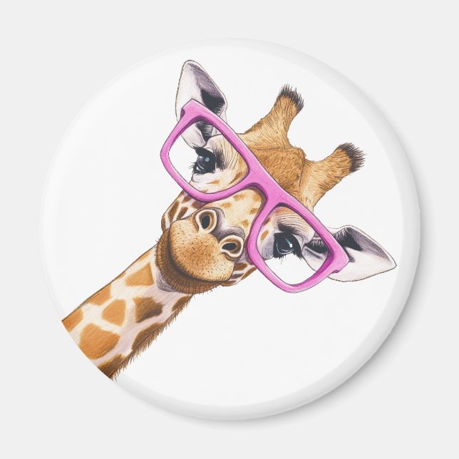 Íman Ímã de Animal Fofo Girafa com Óculos Rosa (Frente)