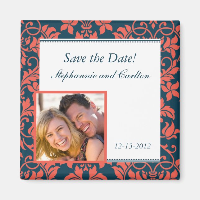 Íman Ímã de Anúncio de Casamento em Damask Azul Marinho (Frente)