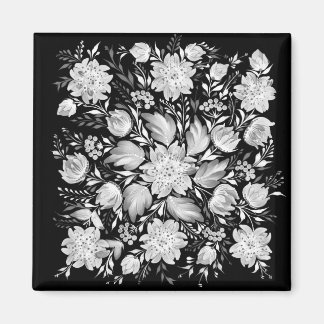 Íman Ímã de Arte Folclórica Floral Preto e Branco Monoc