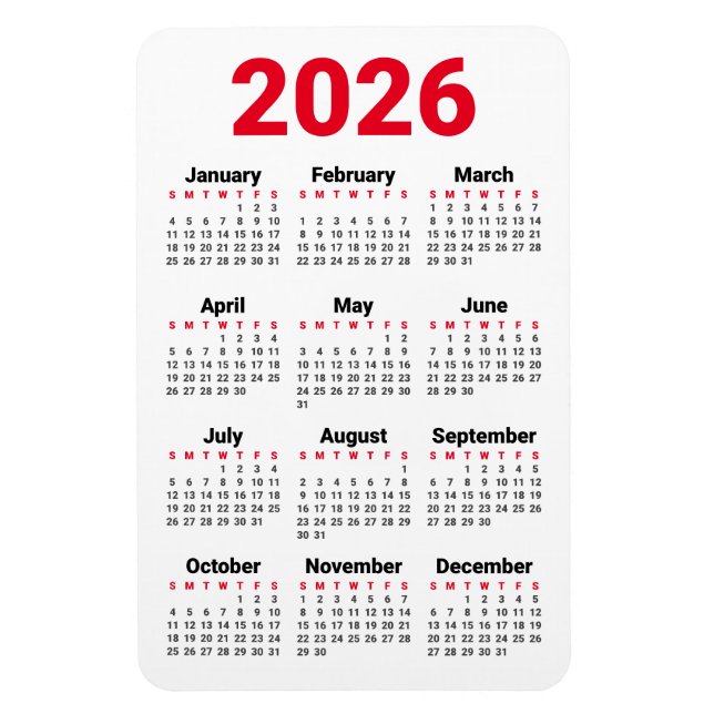 Íman Ímã de Calendário 2026 | Preto Vermelho Cinza Bran (Vertical)
