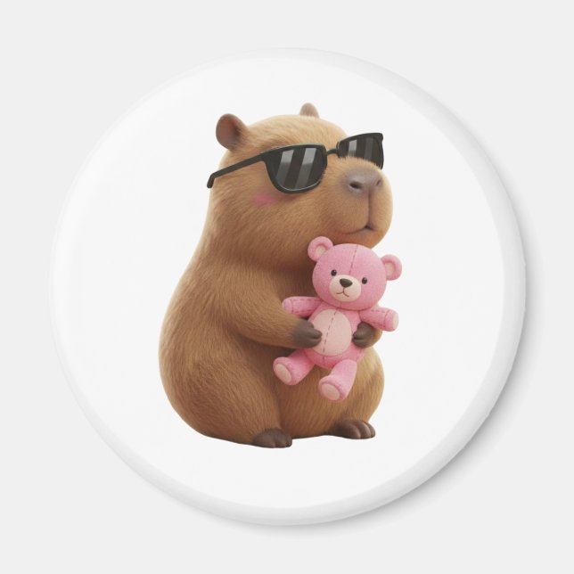 Íman Ímã de Capivara Fofa Abraçando Urso de Pelúcia (Frente)