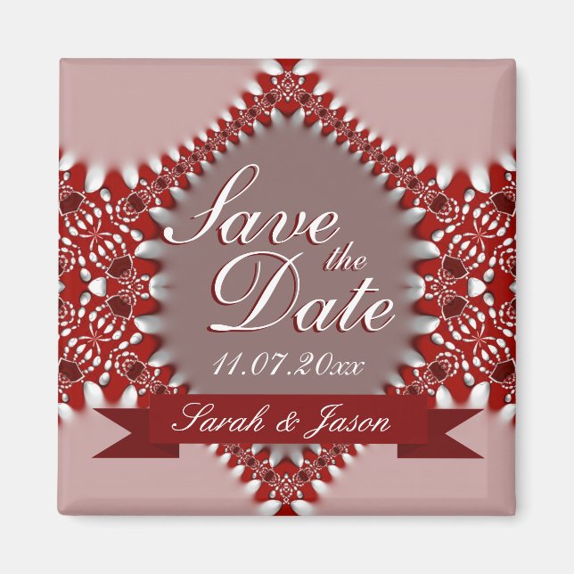 Íman Ímã de Casamento com Data Rosa Vermelho (Frente)