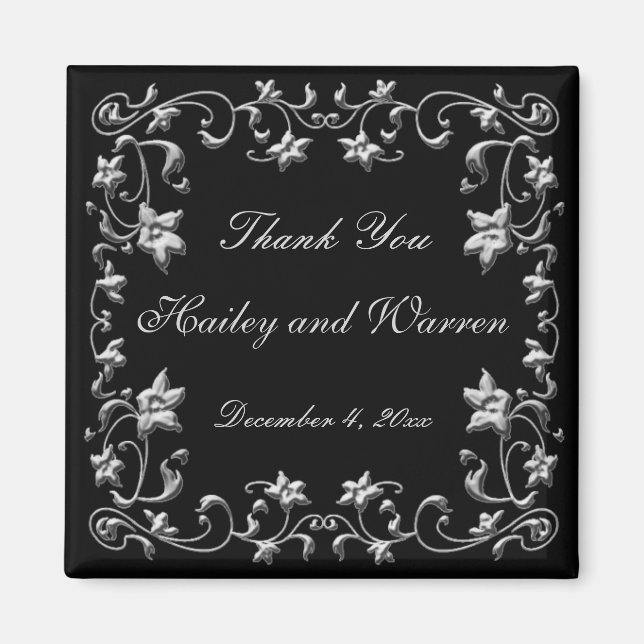 Íman Ímã de casamento floral preto e cinza estanho (Frente)