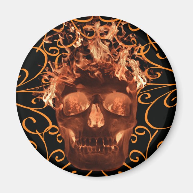 Íman Ímã de Caveira Flamejante Laranja (Frente)