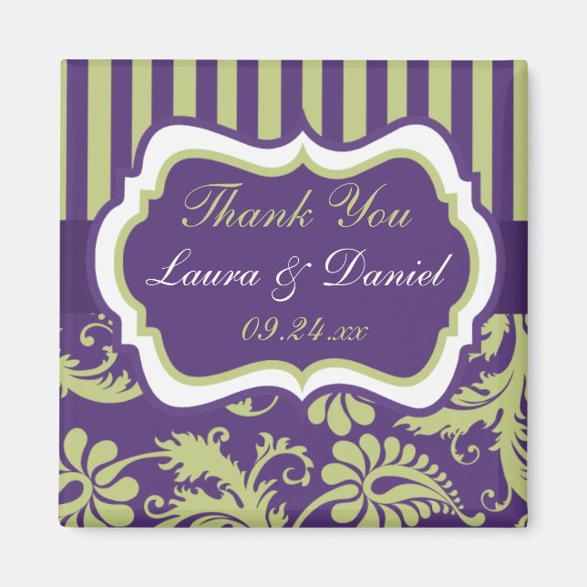 Íman Ímã de Favor de Casamento em Damask Roxo, Branco e (Frente)