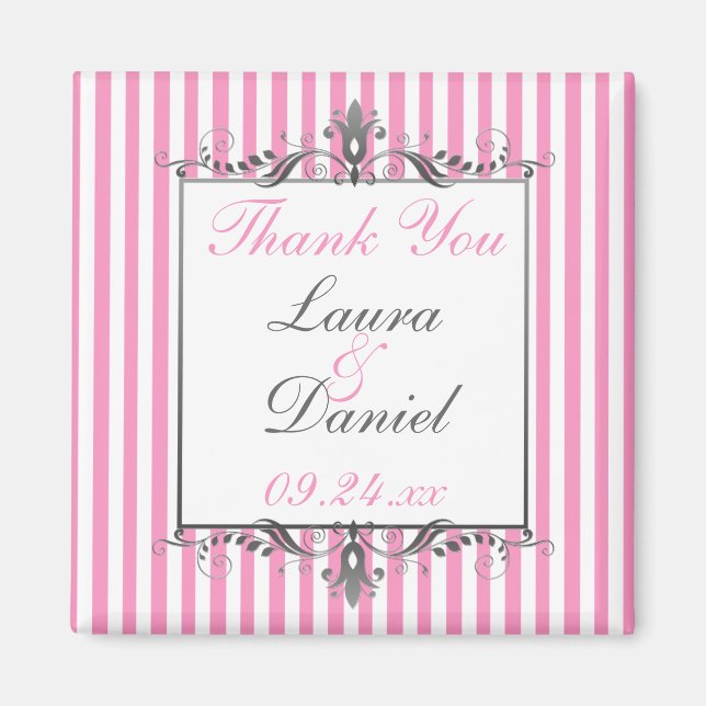 Íman Ímã de Favor de Casamento Listrado Rosa e Branco (Frente)