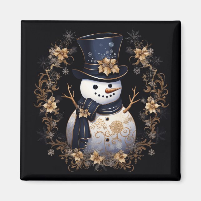 Íman Ímã de Férias de Flores Douradas Homem de Neve (Frente)