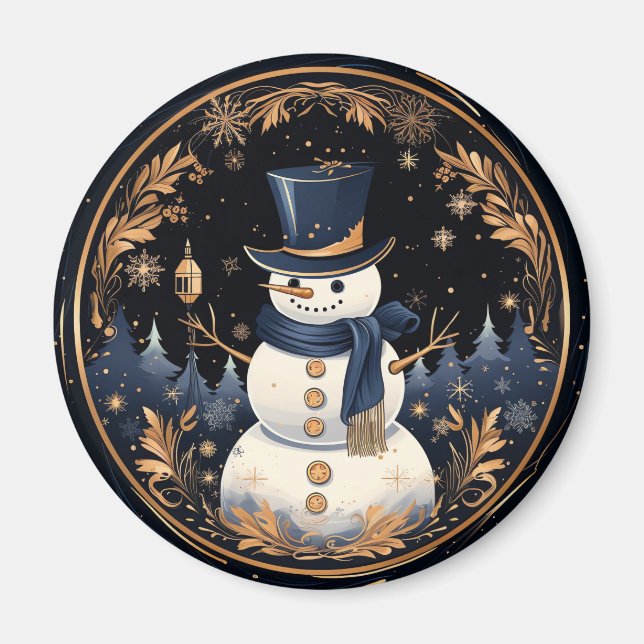Íman Ímã de Férias Folhas de Ouro Boneco de Neve (Frente)