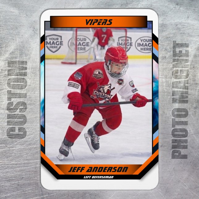 Íman Ímã de Foto de Hockey no Gelo Laranja e Azul Perso (Ice Hockey Trading Card Magnet: Futuristic design, dynamic action. Perfect gift for young fans!)