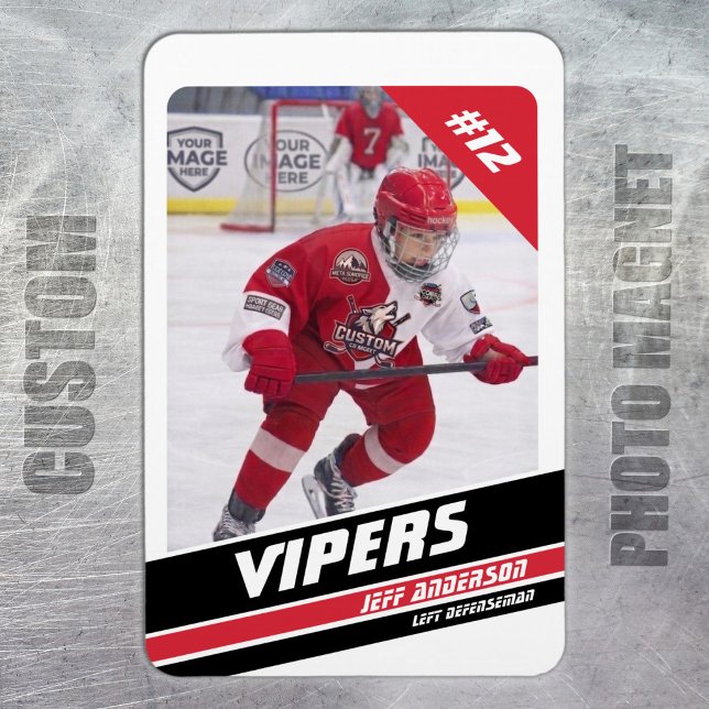 Íman Ímã de Foto de Hockey no Gelo Personalizado Elite  (Ice Hockey: Create your magnet with a striking white and red jersey, player image, and number.)
