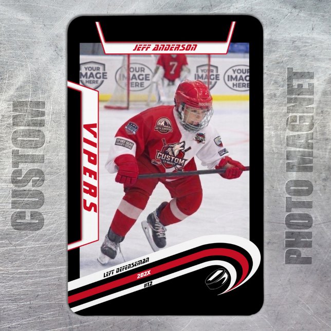 Íman Ímã de Foto de Hockey no Gelo Personalizado Vermel (Ice Hockey: Custom jersey magnet with player image, logo, and number.)