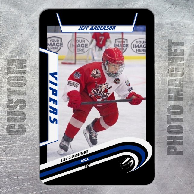 Íman Ímã de Foto de Hóquei no Gelo Azul de Velocidade P (Ice Hockey: Custom blue jersey magnet featuring player image, logo, and number.)