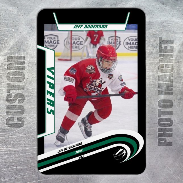 Íman Ímã de Foto de Hóquei no Gelo Verde de Velocidade  (Ice Hockey: Customize your magnet with a green jersey, player image, logo, and number.)