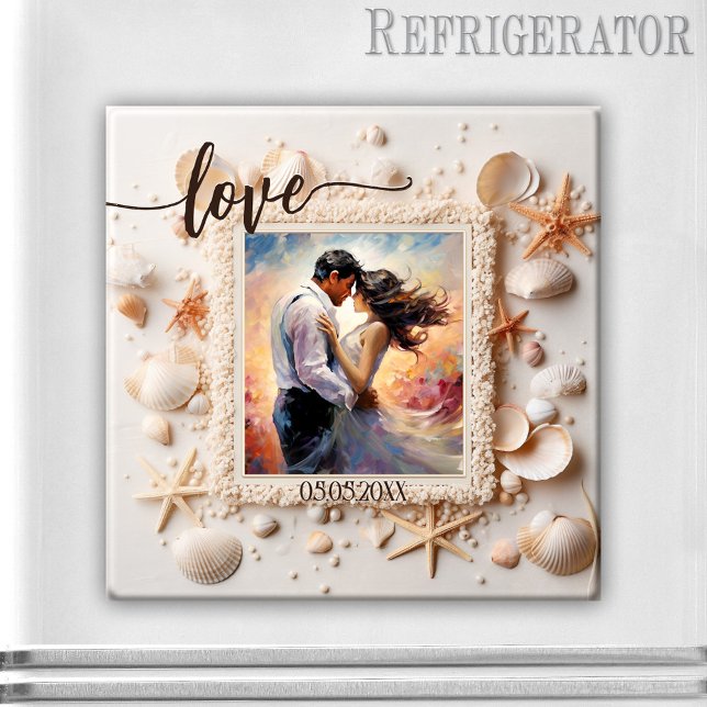 Íman Ímã de Foto Praia Conchas Amor (Romantic photo magnet featuring your photo on a beach design with shells - wedding - save the date)