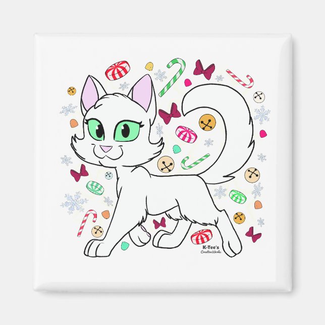 Íman Ímã de Gato de Natal (Branco) (Frente)