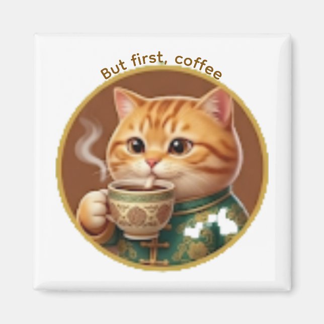 Íman Ímã de Gato Laranja Fofo Bebendo Chá Café (Frente)