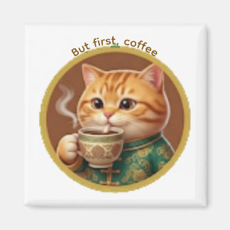 Íman Ímã de Gato Laranja Fofo Bebendo Chá Café