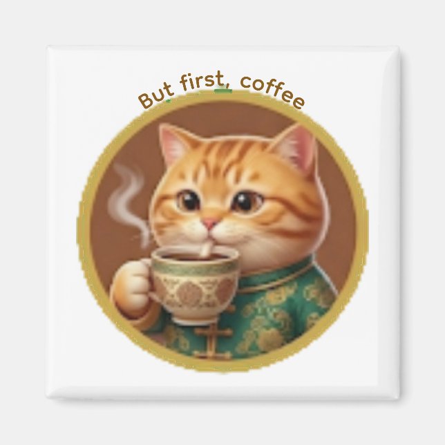 Íman Ímã de Gato Laranja Fofo Bebendo Chá Café (Frente)
