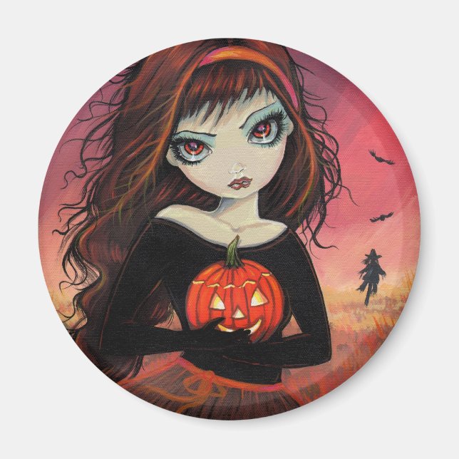 Íman Ímã de Halloween Garota de Olho Grande com Abóbora (Frente)