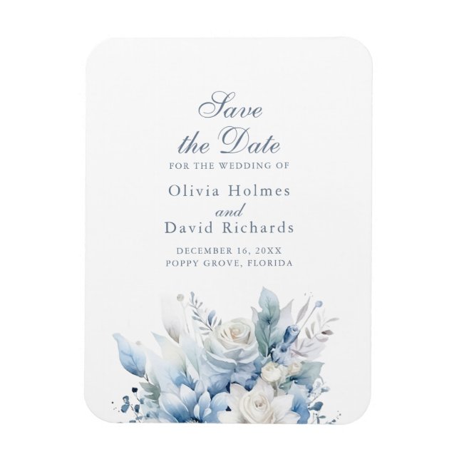 Íman Ímã de Lembrete de Data Azul Empoeirado Flor Silve (Vertical)