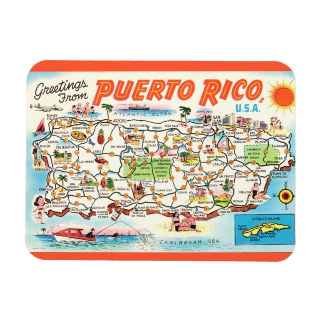 Íman Ímã de Mapa Antigo de Porto Rico (Horizontal)