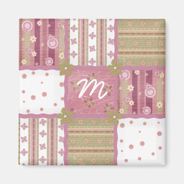 Íman Ímã de Monograma de Remendo de Colcha Shabby Chic (Frente)