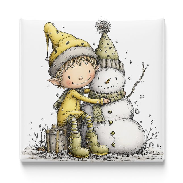 Íman Ímã de Natal Boneco de Neve Elfo Amarelo (Yellow Elf Snowman Christmas Magnet by PiggyPrint Sticker. by PiggyPrint Sticker. )