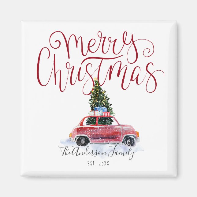 Íman Ímã de Natal de Carro Vermelho Antigo (Frente)