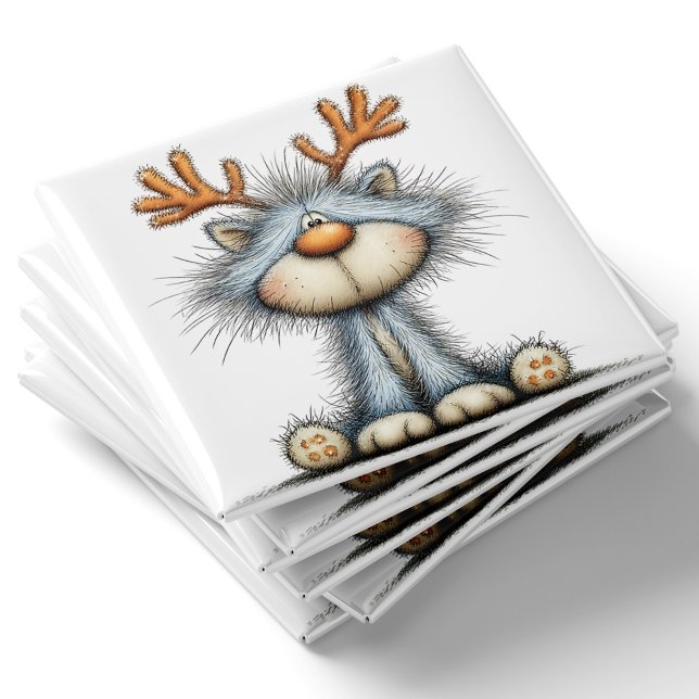 Íman Ímã de Natal de Gato Rena Fantasioso (Whimsical Reindeer Cat Christmas Magnet by PiggyPrint Stickers.)
