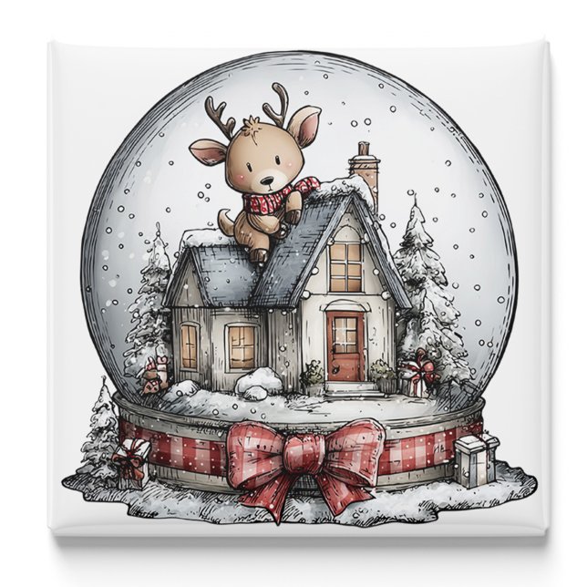 Íman Ímã de Natal de Papai Noel em Globo de Neve de Inv (Reindeer Winter Snow Globe Christmas Magnet by PiggyPrint Sticker.)