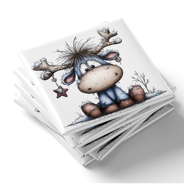 Íman Ímã de Natal de Rena Bebê Azul Caprichoso (Whimsical Blue Baby Reindeer Christmas Magnet by PiggyPrint Sticker.)