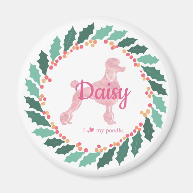 Íman Ímã de Natal Silhueta de Poodle Rosa Personalizado (Frente)