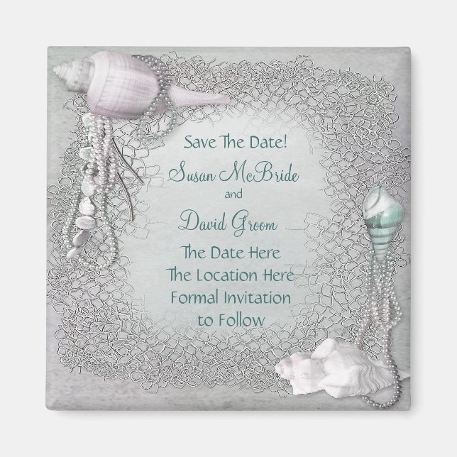 Íman Ímã de Pearl Seashell Beach Wedding Save The Date (Frente)