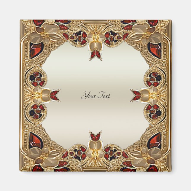 Íman Ímã de Pedra Preciosa Vermelha Flores Douradas (Frente)