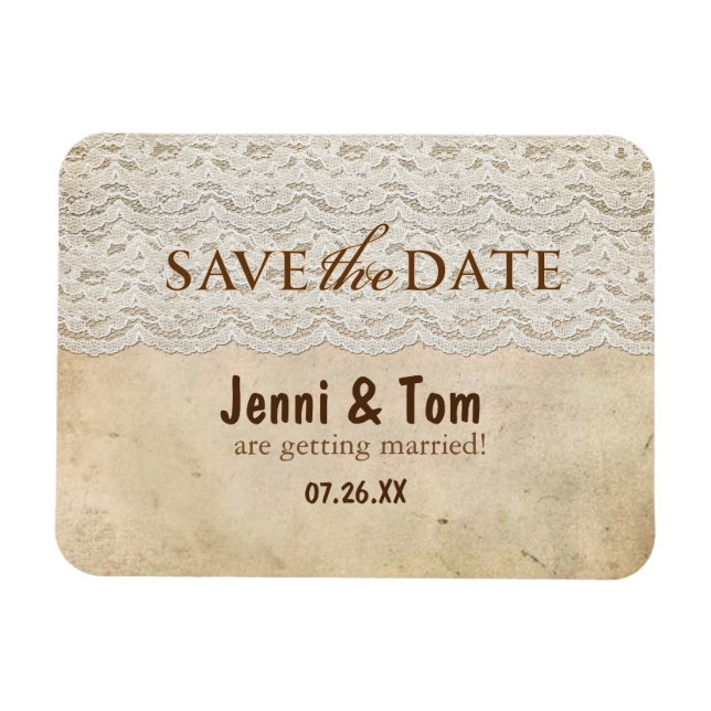 Íman Ímã de Pôr Data de Casamento Rústico de Renda Vint (Horizontal)