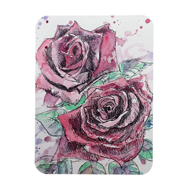 Íman Ímã de Rosa Vermelha Flores Florais Aquarela (Vertical)