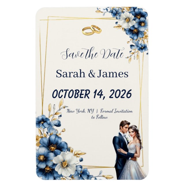 Íman Ímã de 'Save the Date' Floral 3D Azul Real e Doura (Vertical)