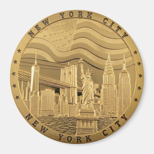 Íman Ímã de Souvenir da Silhueta de Nova York Dourada (Frente)
