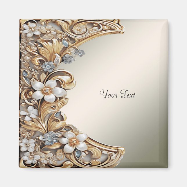 Íman Ímã Decorativo Dourado Floral Branco (Frente)