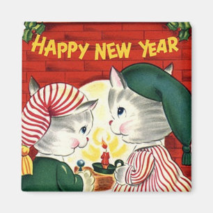 Íman Ímã do vintage dos gatinhos do feliz ano novo