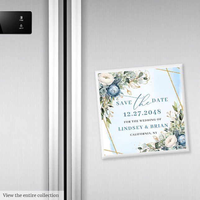 Íman Ímã Elegante Azul Poeira de Eucalipto para Salvar  (Elegant Dusty Blue Floral Gold Save The Date Magnet

)