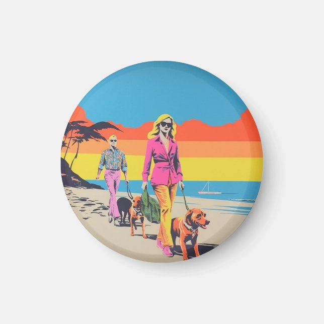 Íman Ímã estilo popart, passeio de cachorro na praia (Frente)