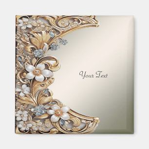 Íman Ímã Floral Branco Dourado Decorativo