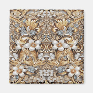 Íman Ímã Floral Branco Dourado Decorativo
