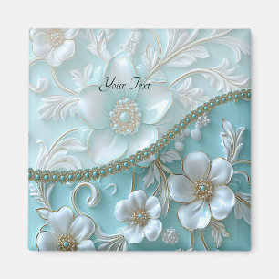 Íman Ímã Floral Branco Turquesa